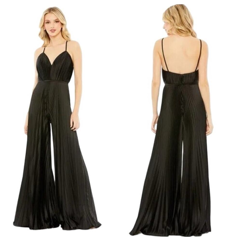 Mac Duggal Plunge Neck Pleated Wide Leg Lina Jumpsuit Black Size 14 NWT